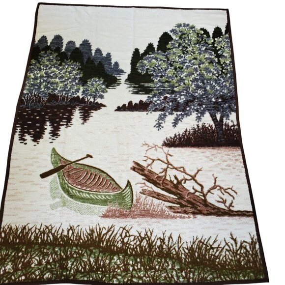 BIEDERLACK Throw Blanket Reversible Canoe Outdoor Theme Brown Trim 55" x 63" - Picture 1 of 12
